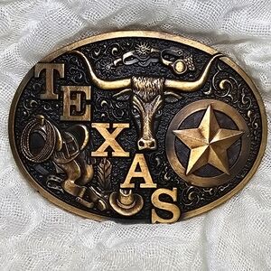 Montana Silversmiths belt buckle, hat, bull, saddle, spurs, star, solid brass